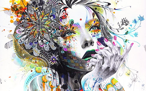 абстракция, живопись, девушка, краски, цветы, рука, вдумчивый, рендеринг, HD обои HD wallpaper