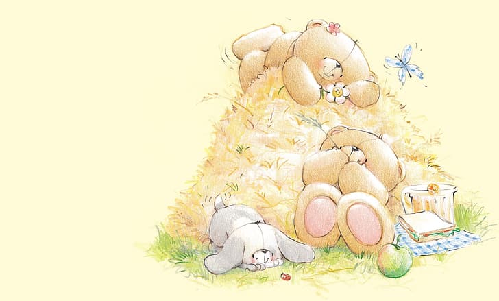 ฤดูร้อน อารมณ์ อยู่ ศิลปะ หมี หญ้าแห้ง กระต่าย เด็ก เพื่อนตลอดกาล Deckchair bear, วอลล์เปเปอร์ HD