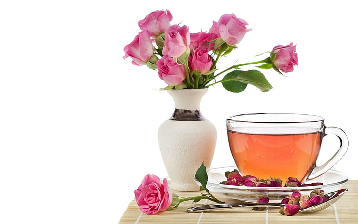 Chá de rosas, pétalas de rosa, lindas, românticas, rosas cor de rosa, lindas, flores, para você, romance, ainda vida, bonita, HD papel de parede