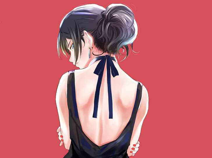 アニメ アニメの女の子 背中 立っている 黒い髪 シンプルな背景 赤い背景 Hdデスクトップの壁紙 Wallpaperbetter