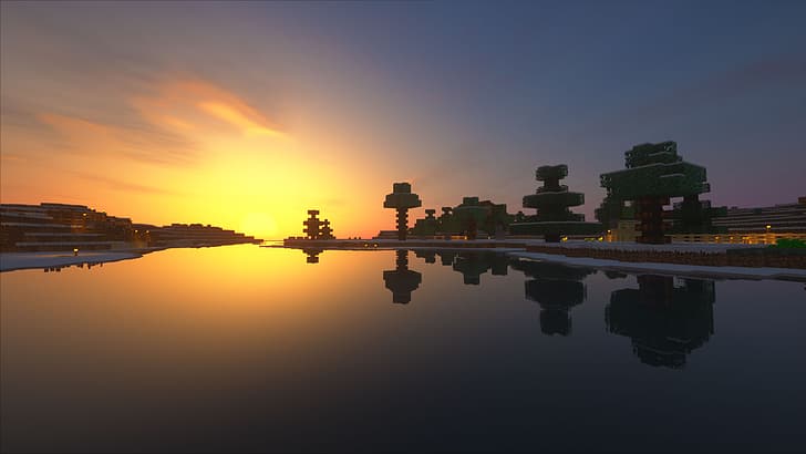 Minecraft, Shader, shaders, sunset, reflection, snow, HD wallpaper