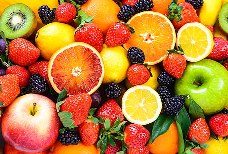 5k, 레몬, 과일, 오렌지, 사과, 블랙 베리, 딸기, HD 배경 화면 HD wallpaper
