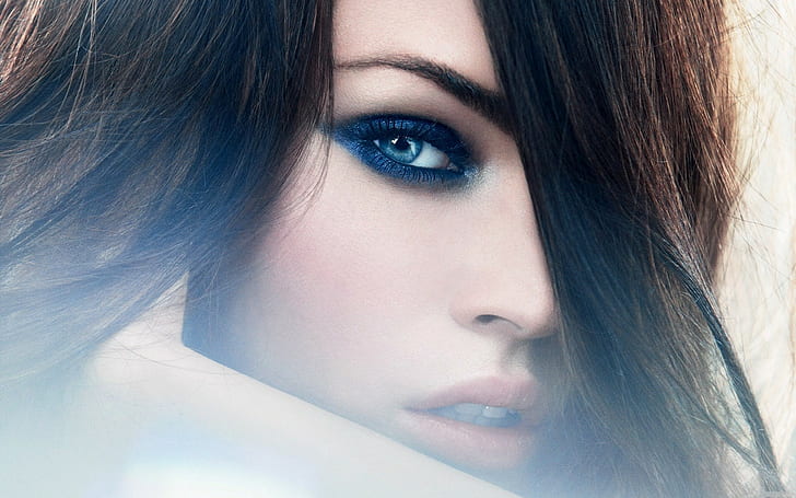 kvinnor, Megan Fox, porträtt, ögonskugga, brunett, ansikte, blå ögon, smink, modell, tittar på tittaren, skådespelerska, HD tapet