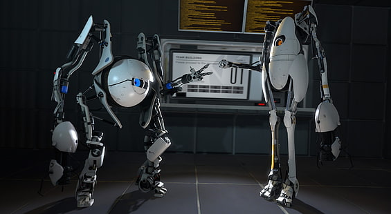 Portal 2 Coop, два белых робота, Игры, Portal, видеоигра, портал 2, coop, HD обои HD wallpaper