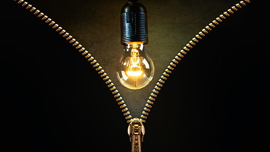 black bulb light, lightbulb, zippers, lights, gold, black background, scratches, HD wallpaper HD wallpaper