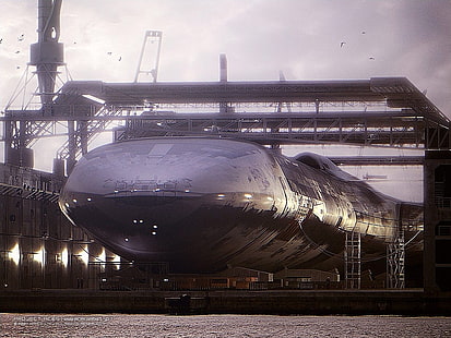 graues Schiff, Werft, U-Boot, Kräne (Maschine), Ace Combat 5, Videospiele, HD-Hintergrundbild HD wallpaper