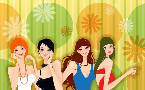 Vector de cuatro chicas de moda, Vector, Chica, Moda, Fondo de pantalla HD HD wallpaper