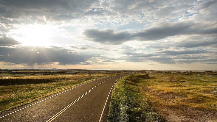 Sunshine On Highway In The Plains, równiny, słońce, autostrada, chmury, przyroda i krajobrazy, Tapety HD