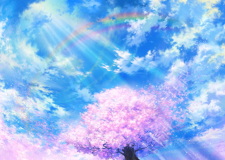 sakura blossom, clouds, scenic, rainbow, Anime, HD wallpaper