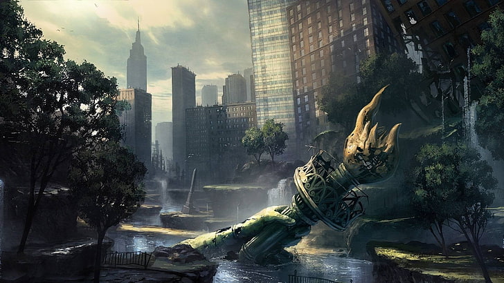 Statua della libertà gioco di carte da parati digitale, concept art, The Last of Us, apocalittico, urbano, New York City, videogiochi, Sfondo HD