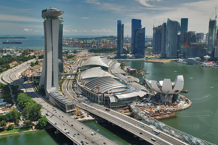 都市景観、シンガポール、建設現場、マリーナベイ、 HDデスクトップの壁紙