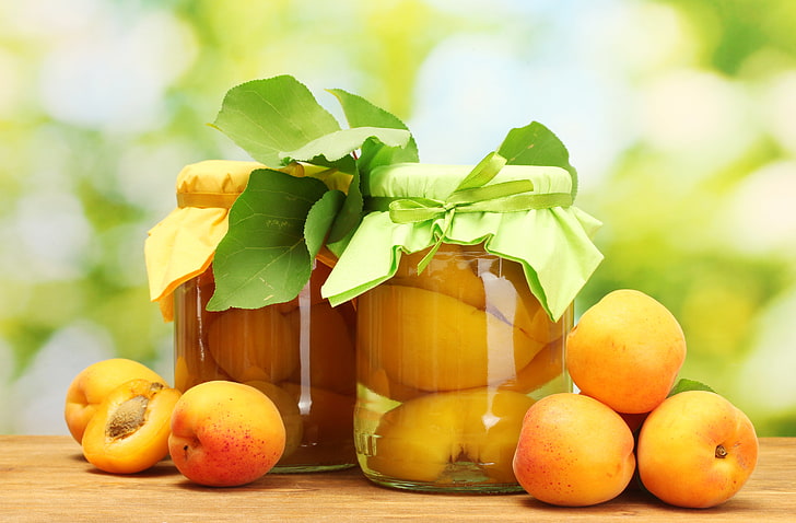several peach fruits, greens, table, jars, sweet, fruit, leaves, apricots, compote, HD wallpaper