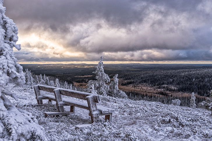 bench, Finland, Sun, clouds, winter, snow, forest, HD wallpaper