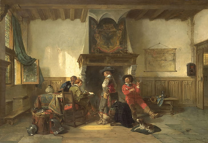 oil, interior, picture, Herman Frederick CAREL ten Kate, Guardroom with Soldiers, HD wallpaper