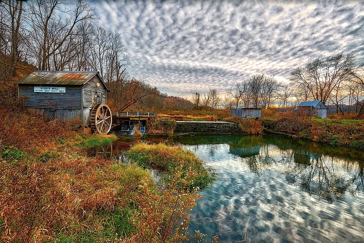 cirros, Wisconsin, otoño, molino, estanque, árboles, paisaje, Fondo de pantalla HD