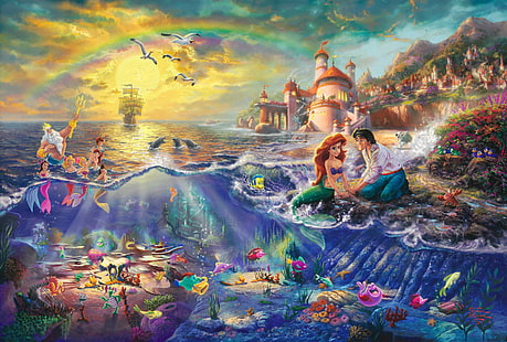 Disney Little Mermaid duvar kağıdı, kale, çizgi film, gökkuşağı, yelken, Prens, resim, Prenses, Ariel, Neptün, Thomas Kinkade, Disney, Eric, Walt Disney Resimleri, Küçük Denizkızı, HD masaüstü duvar kağıdı HD wallpaper