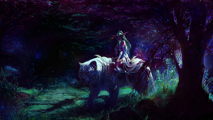 orang yang duduk di ilustrasi harimau, seni fantasi, Tyrande, World of Warcraft, Wallpaper HD