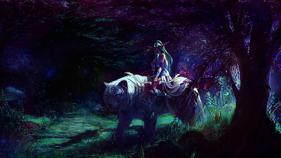 Person, die auf Tigerillustration, Fantasiekunst, Tyrande, World of Warcraft sitzt, HD-Hintergrundbild HD wallpaper