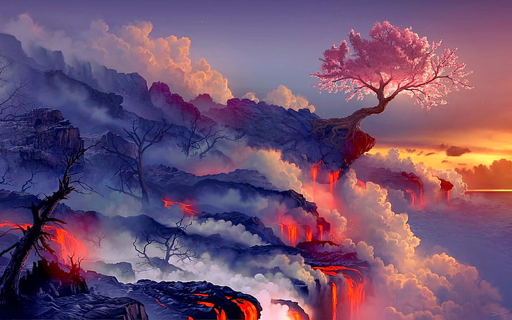 fantasy art, lava, landscape, cherry blossom, sunset, HD wallpaper