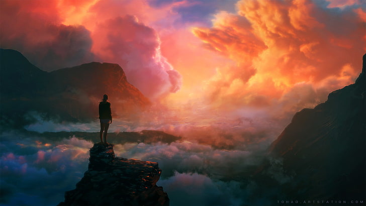човек, стоящ на планинска скала цифрови тапети, пейзаж, вода, облаци, небе, планини, дигитално изкуство, залез, слънце, жени, HD тапет