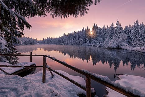 invierno, bosque, nieve, puesta de sol, lago, estanque, reflexión, Suiza, comió, Jura, Pond Gruyere, Etang de la Gruère, Gruère Pond, Fondo de pantalla HD HD wallpaper