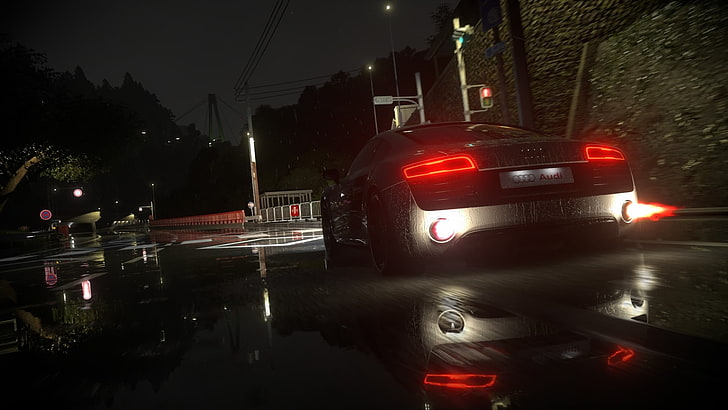 illustration 3D de voiture argentée, Driveclub, Audi, moteur V10, pluie, Audi R8, jeux vidéo, nuit, route, lumières, Fond d'écran HD