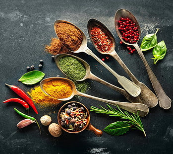 assorted spices and gray steel spoons, colorful, spoons, spices, HD wallpaper HD wallpaper