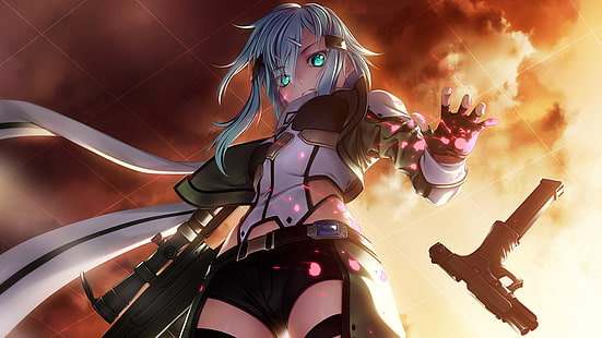 женский персонаж аниме держит пистолет цифровые обои, Асада Шино, Sword Art Online, HD обои HD wallpaper
