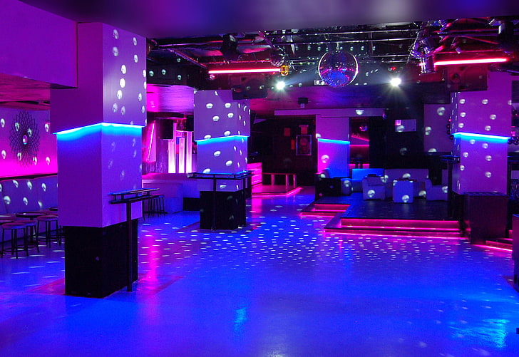 barra, discoteca, interior, luces, neon, pista, HD wallpaper