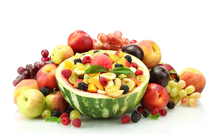 fruits digital wallpaper, berries, raspberry, apples, watermelon, grapes, bananas, fruit, peaches, plum, HD wallpaper