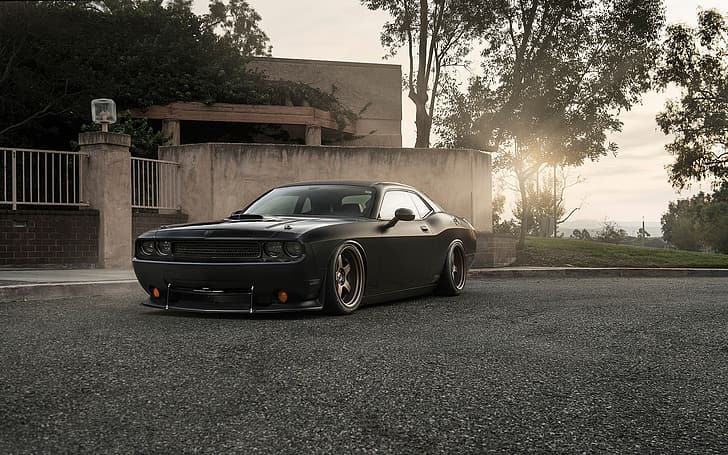 Muscle, Dodge, Challenger, Car, Front, Black, Sun, Tuning, R/T, Wheels, Ligth, HD wallpaper