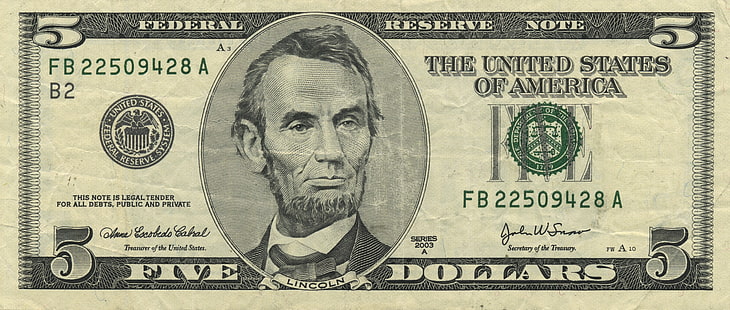 5 دولار أمريكي FB 22509428 ورقة نقدية ، لينكولن ، ملاحظة ، خمسة ، دولار ، احتياطي ، دولار أمريكي، خلفية HD HD wallpaper