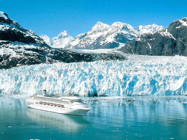 weißes Kreuzfahrtschiff, Kreuzfahrtschiff, Gletscher, Schiff, Berge, HD-Hintergrundbild