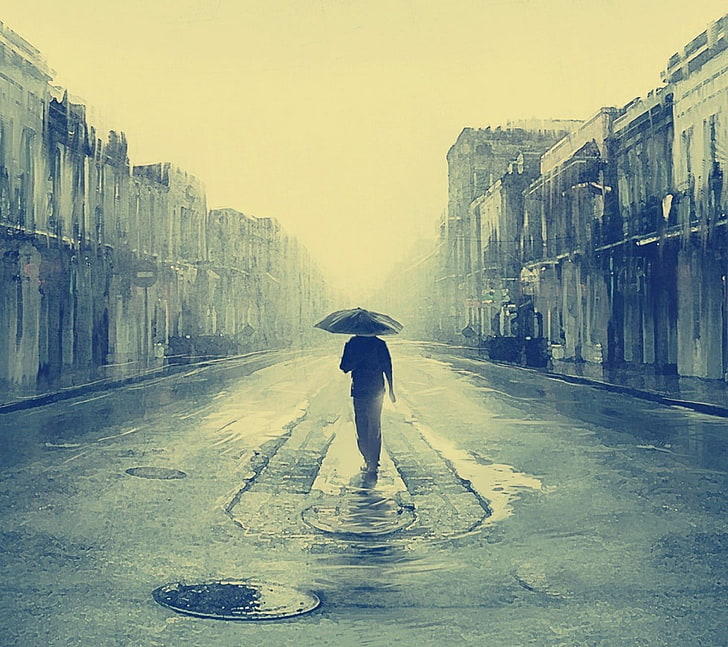 мужчина держит зонт живопись, одиночество, дождь, город, зонт, мужчины, HD обои