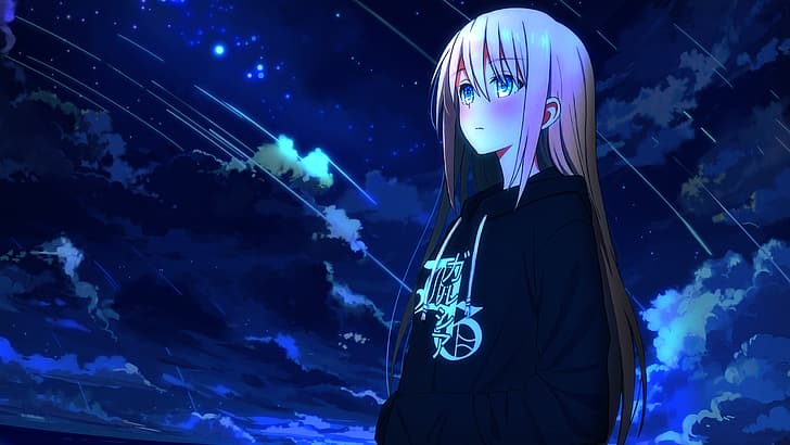 anime girls, night, sky, stars, shooting stars, clouds, HD wallpaper