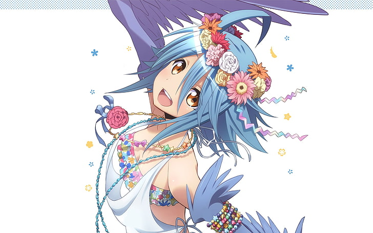 weiblicher Anime-Charakter mit blauer Haar- und Flügelillustration, Monster Musume kein Iru Nichijou, Papi (Monmusu), weißer Hintergrund, Anime, Anime-Mädchen, Harpyie, HD-Hintergrundbild