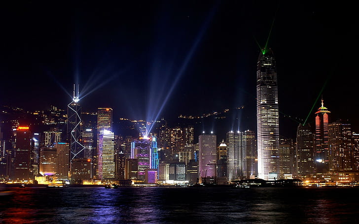 홍콩 하버, 반사, 홍콩, 조명, 엔터테인먼트, 건물, 물, 건축, 현대, 라이트 쇼, HD 배경 화면