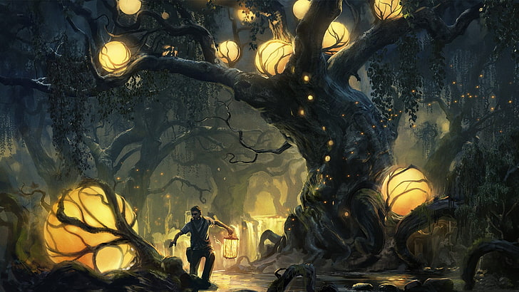 мъж, стоящ до дърво със осветени светли тапети, фентъзи изкуство, HD тапет