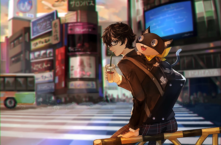 persona 5, morgana, kurusu akira, glasses, drinking, anime games, city, Anime, HD wallpaper