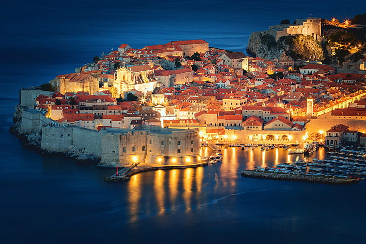 море, сграда, дом, крепост, нощен град, Хърватия, Дубровник, Адриатическо море, Стария град, Адриатическо море, HD тапет