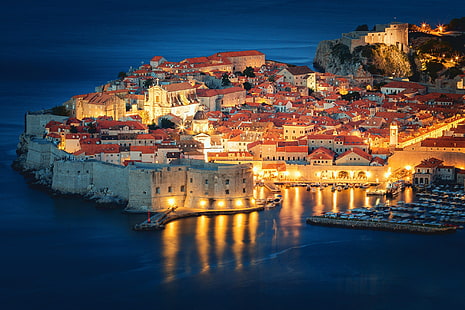 海、建物、家、要塞、夜の街、クロアチア、ドゥブロヴニク、アドリア海、旧市街、アドリア海、 HDデスクトップの壁紙 HD wallpaper