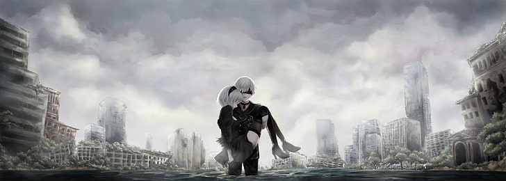 man and woman holding a child painting, 2B (Nier: Automata), blindfold, Nier: Automata, NieR, HD wallpaper