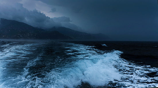 raging sea waves during nighttime, Sea, 5k, 4k wallpaper, ocean, shore, waves, night, HD wallpaper HD wallpaper