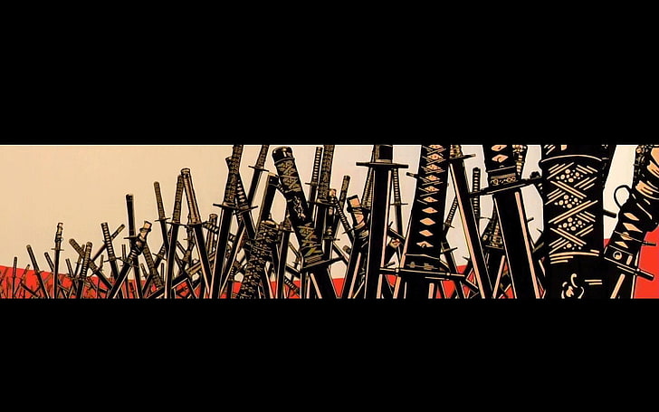 illustrazione di lotto katana, samurai, spada, katana, fantasy art, sfondo nero, sfondo semplice, Asia, opere d'arte, Samurai Champloo, Sfondo HD