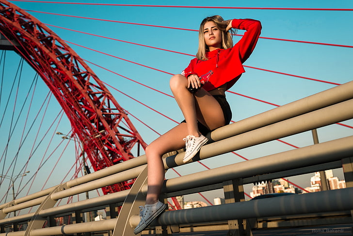 women, model, 500px, Roma Bakardi, bridge, urban, legs, sitting, metal, women outdoors, red, Coca-Cola, HD wallpaper