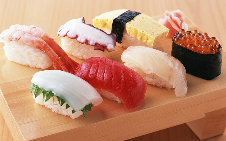 plato de nigiri, sushi, caviar, arroz, todo tipo, Fondo de pantalla HD