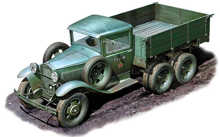 green dump truck, model, art, car, WWII, create, army, Soviet, cargo, concept, years, WW2., option, high, patency, lorry, triaxial, GAZ-AAA, represented, 1936—1943, a, six-wheeled, original, implementation, HD wallpaper