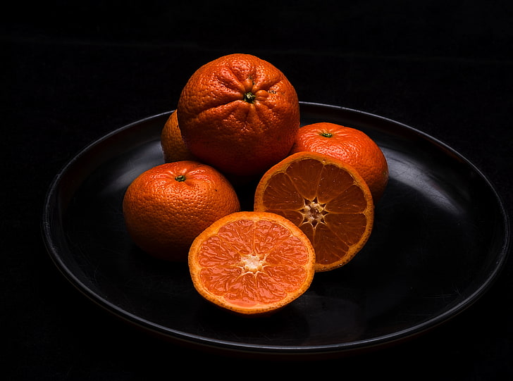 Mandarinen, Früchte, Aero, Schwarz, Dunkel, Orange, Obst, Teller, Süß, Mandarine, Mandarine, Split, Zitrusfrüchte, Vitamine, ganz, Mandarine, HD-Hintergrundbild