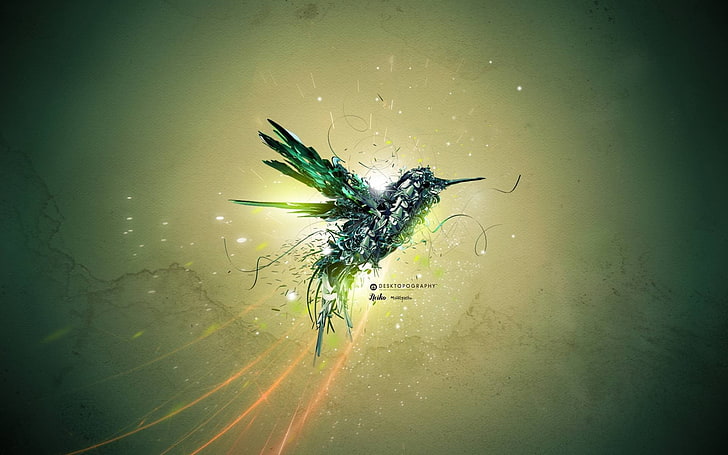 ilustração de pássaro verde, pássaros, beija-flores, máquina, desktopografia, arte digital, animais, HD papel de parede