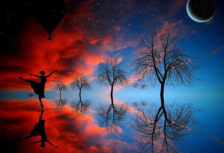 woman dancing near trees silhouette painting, girl, trees, the moon, dance, HD wallpaper
